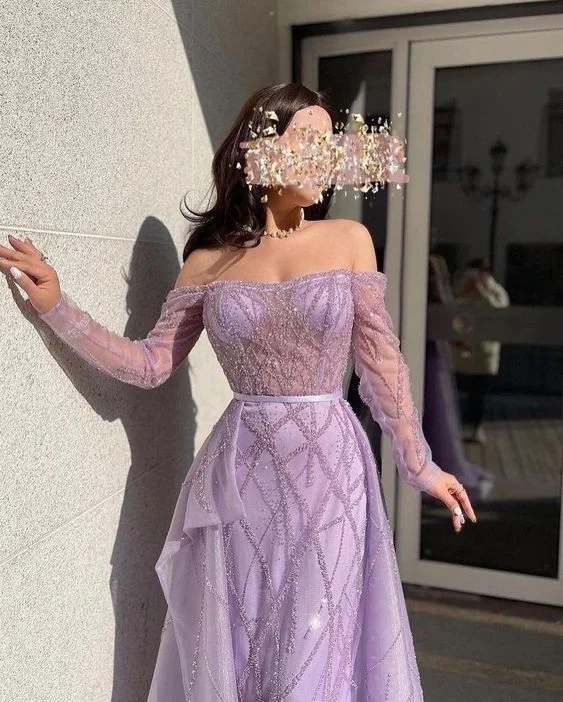 Women's Professional Attire Dreamy Draping Lilac Off-The-Shoulder Long Sleeves Tulle Prom Dress Mermaid With Beads Y6716