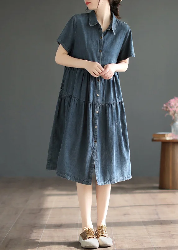 Women's Clothing For Work Limited - Stock Retro Blue Patchwork Solid Silk Vacation Denim Long Shirt Dresses Summer