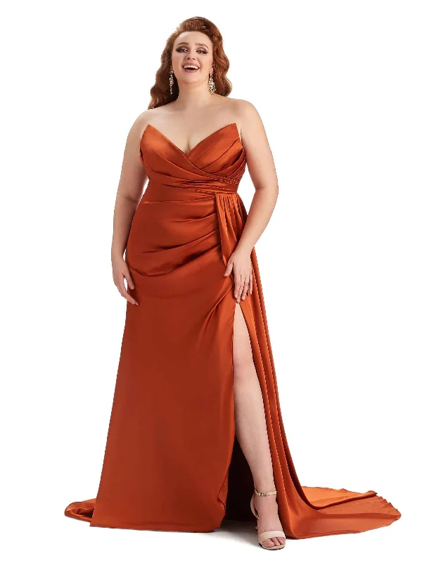 Women's Evening Clothes Save on Inspired Styles Sexy V-neck Side Slit Mermaid Soft Satin Long Plus Size Bridesmaid Gowns