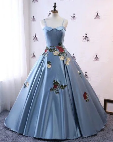 Women's Everyday Attire Feminine Soft - Hued Look Blue Satin 2020 Modest Spaghetti Straps Lace Applique Pageant Prom Dress cg5569