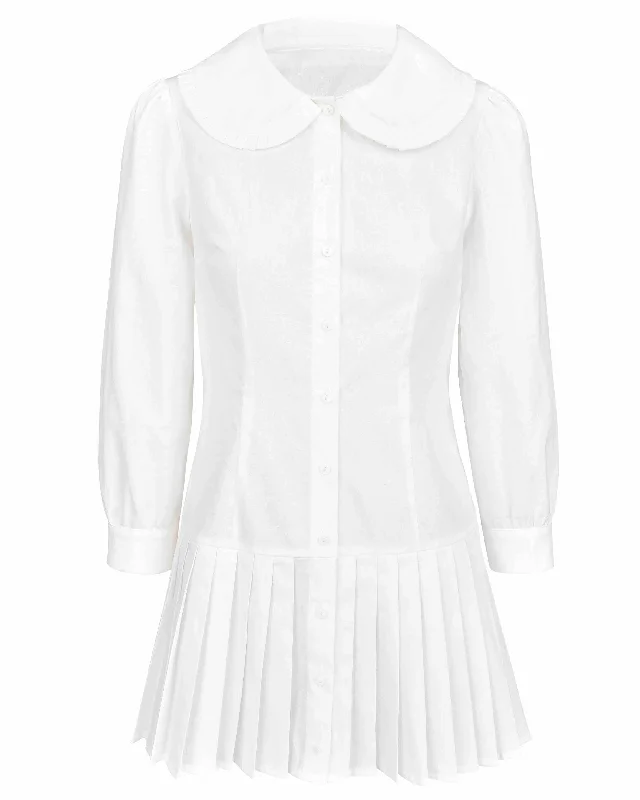 Women's Resort Attire Graceful Movement Pleat Shirt Dress - White