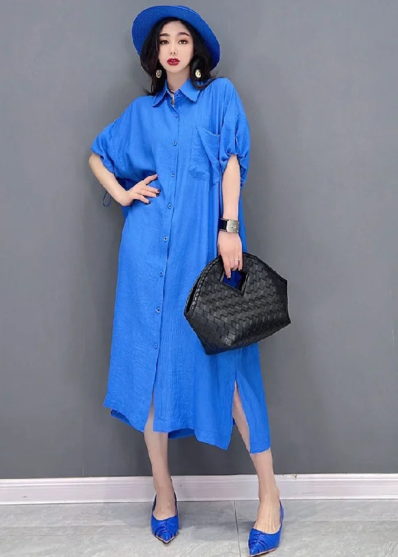 Women's Elegant Garments Fashion-Forward Style Baggy Blue Solid Peter Pan Collar Oversized Cotton And Linen Shirt Dress Short Sleeve