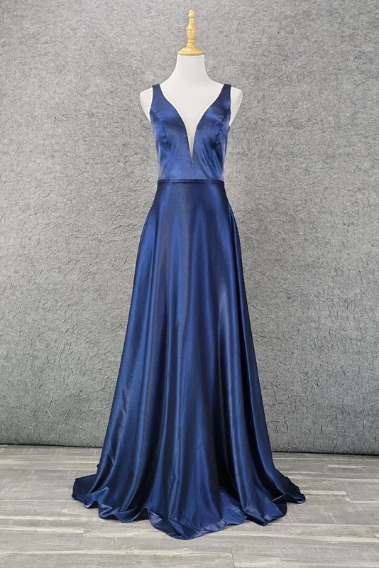 Women's Stylish Outdoor Outfit Everyday Glamour A Line Sleeveless Navy Blue Backless Long Prom Dresses Y0367