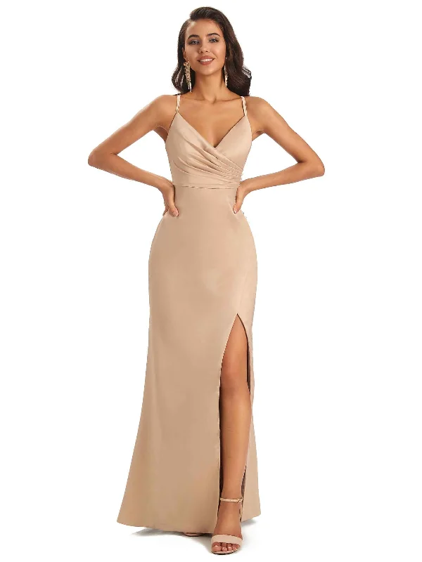 Women's Elegant Evening Outfit Feminine Flow Soft Satin Side Slit Spaghetti Straps Long Unique Mermaid Bridesmaid Dresses