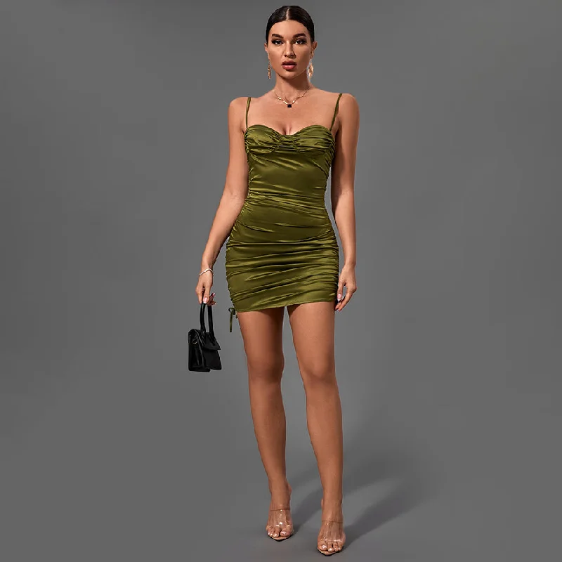 Women's Clothing Sets Urban Sophistication Green Strappy Sleeveless Wrinkled Mini Bodycon Dress FP21431