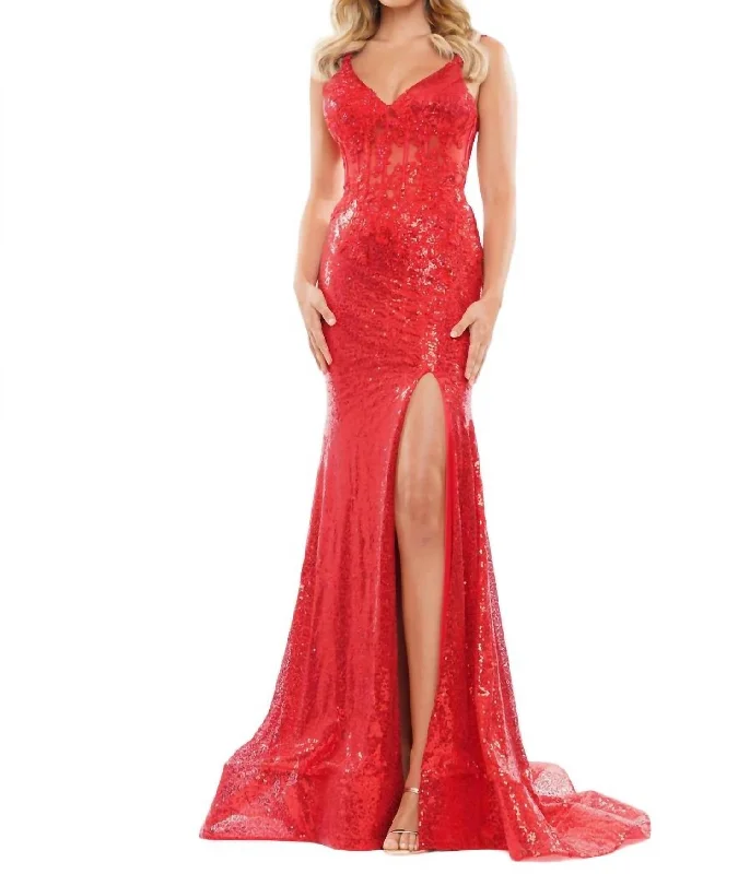 Women's Vintage Clothes Flash Deals High Slit Mermaid Gown In Red