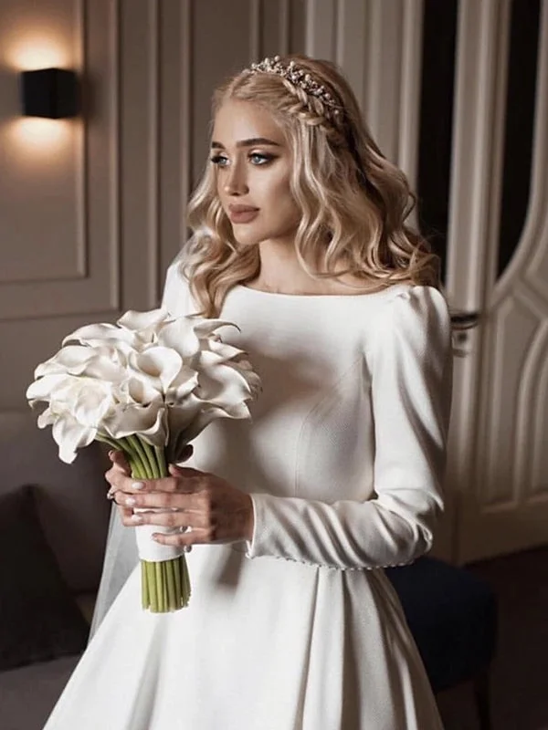 Women's Travel Garments Casual Weekend Relaxed Style Round Neck Long Sleeves Jersey Wedding Dresses, Simple Elegant Wedding Dresses, Bridal Gown