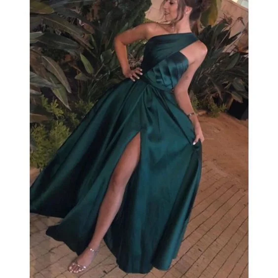 Women's Holiday Apparel Boho - Chic Festival - Ready Style green prom dresses pleats side slit satin floor length evening dresses   cg11610