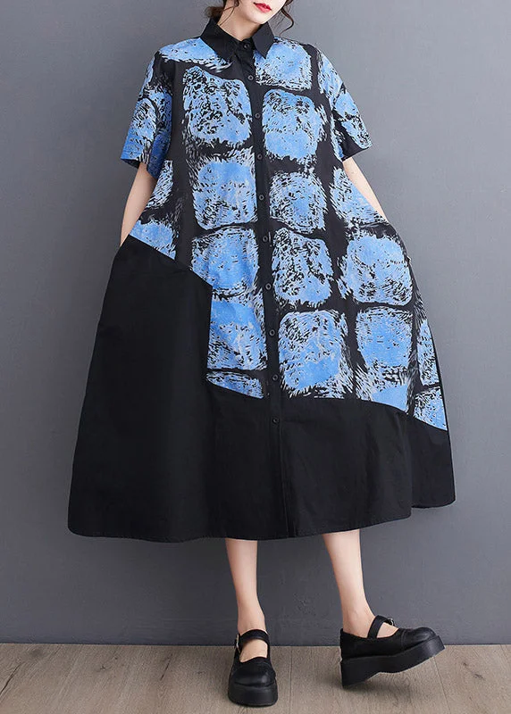 Women's Party Outfit Effortless Comfort Blue Button Long Shirt Dress Short Sleeve