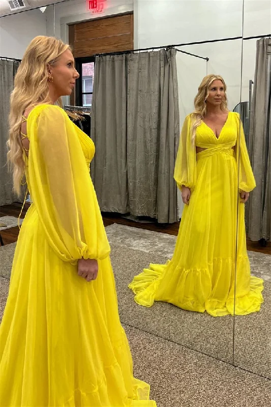 Women's High-Fashion Garments Mother's Day Special Yellow Chiffon A-line V Neckline Long Sleeves Lace-Up Back Long Prom Dress Y5794