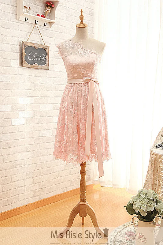 Women's Apparel And Garments Vintage Elegance Short One Shoulder Pearl Pink Lace Bridesmaid Dress