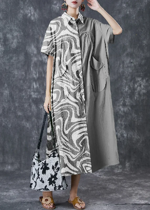 Timeless Women's Outfit Hollywood Glam Award - Show Style Art Grey Oversized Patchwork Pockets Cotton Shirt Dresses Summer