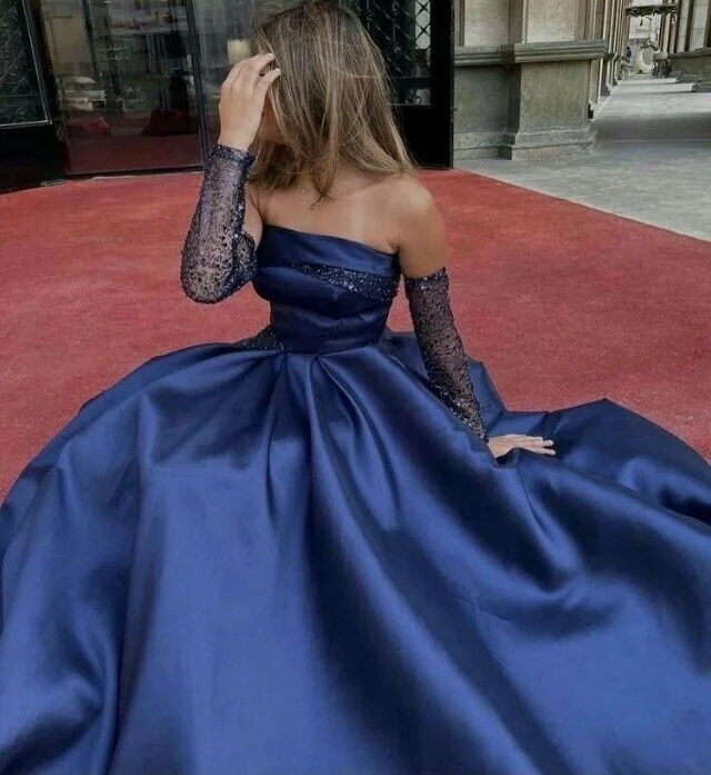 Sustainable Women's Apparel Feminine Soft - Hued Styles Classy A Line Strapless Long Sleeves Navy Blue Long Satin Party Dress Prom Dresses Evening Dress C3304