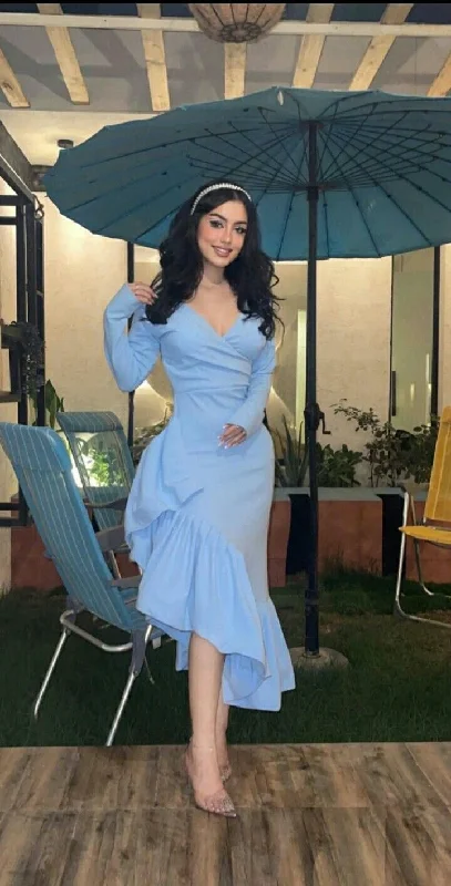 Women's Seasonal Garments Holiday Sale Mermaid Light Blue Women's Prom Dresses V Neck Long Sleeves Formal Occasion Dress Temperament Evening Dress Y4764