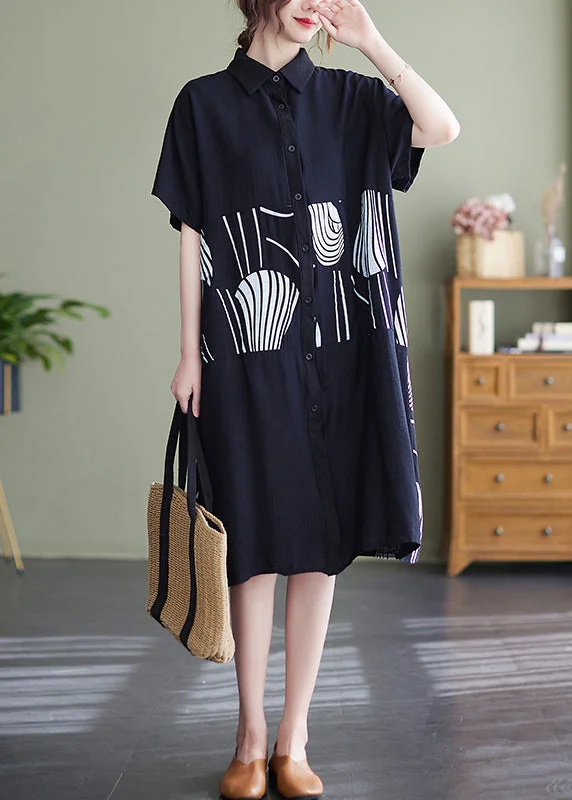 Women's Apparel And Garments Classic Timeless Elegant Style Black Print Patchwork Loose Shirt Dresses Short Sleeve