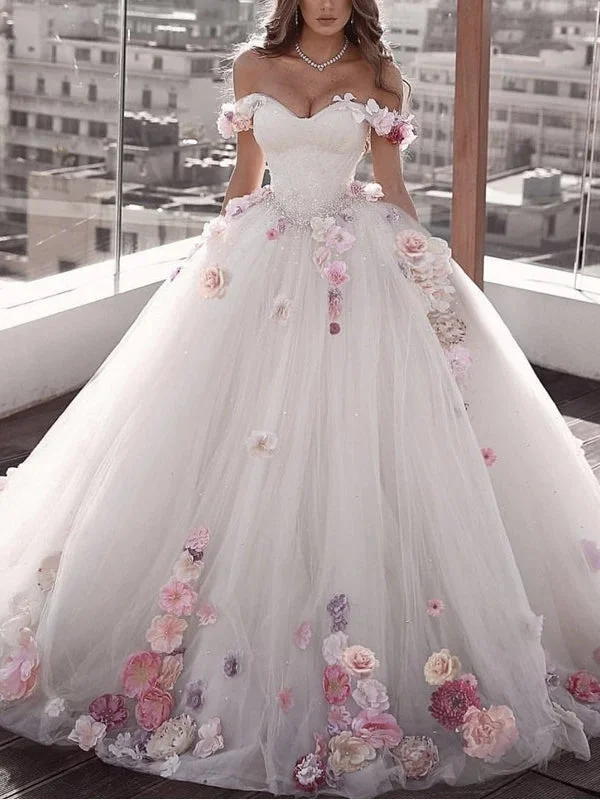 Charming Women's Garments Feminine Flow Off Shoulder Long Ball Gown Wedding Dresses, Beaded 3D Flowers Wedding Dresses, Long Wedding Gown