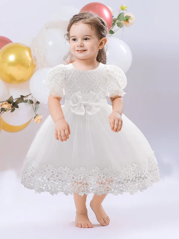 Women's Clothes And Apparel Art Deco Geometric Pattern Look Ball Gown Scoop Puff Sleeves Flower Girl Dresses with Lace