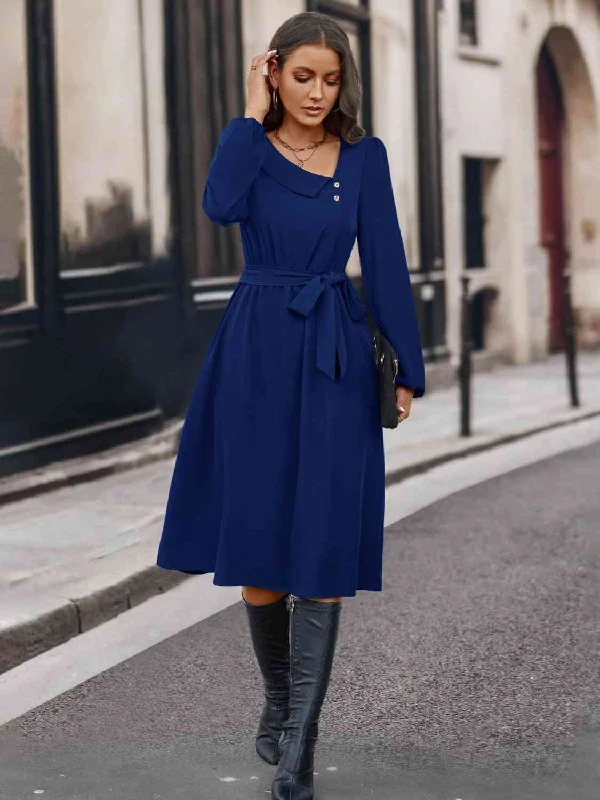 Women's Outerwear Apparel Modern Romance Buttoned Tie Front Long Sleeve Asymmetrical Neck Dress