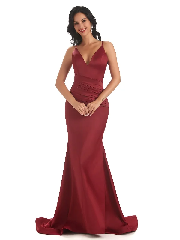 Women's Holiday Attire Limited Quantities Sexy Spaghetti Straps Soft Satin V-neck Mermaid Long Bridesmaid Dresses