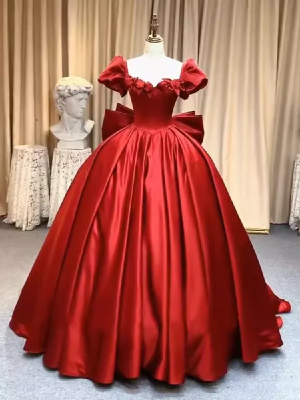 Women's Elegant Apparel Flash Sale Simple Ball Gown Red Satin Long Prom Dresses C99