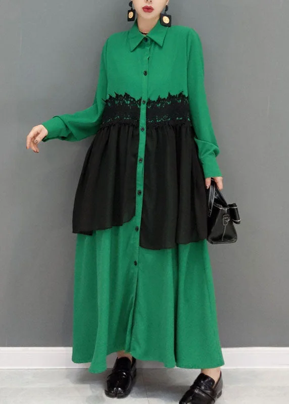 Fashion-Forward Women's Clothing Flowy Fabric Women Green button Peter Pan Collar lace Patchwork shirt Dress spring