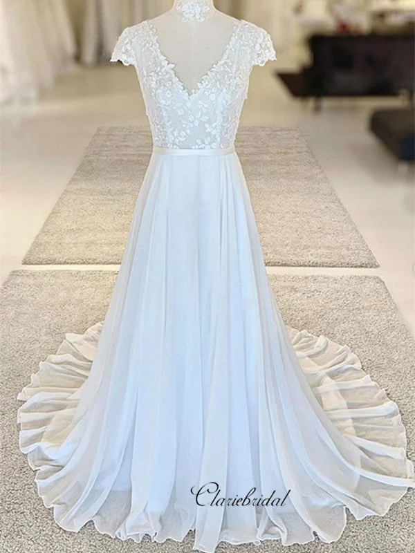 Women's High-Fashion Clothes Cottagecore Rustic Charm Style Elegant V-neck Lace Wedding Dresses, Chiffon A-line Bridal Gowns, Beautiful Wedding Dresses