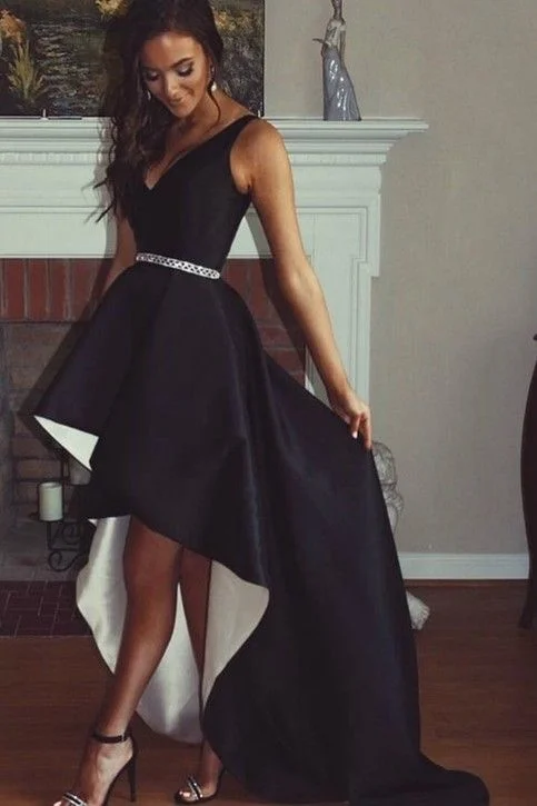 Women's High-Fashion Attire Rustic Countryside Charm Look Black Satin V-neck Hi-lo Prom Dresses with Beaded Belt Sash cg5421