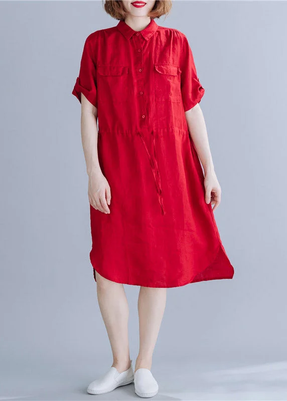 Women's Plus-Size Garments Coastal Beach - Inspired Style Boho Red Peter Pan Collar drawstring Shirt Dresses Summer