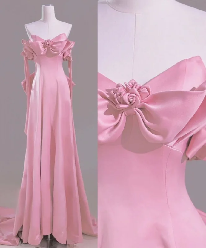 Women's High-Fashion Outfit Subtle Sophistication Modest A Line Off The Shoulder Pink Satin Long Prom Dresses Evening Dress C3059