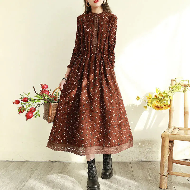 Women's Travel Apparel Contemporary Elegance DressBetty - 2024 Vintage Loose Long Sleeve Cotton Linen Print Midi Boho Dress