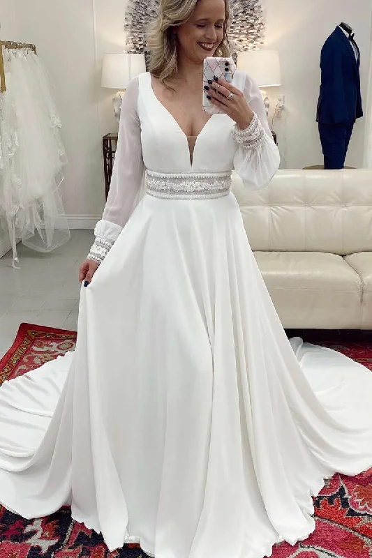 Women's Holiday Clothing Great Deals on Ethnic Cultural Wear White Plunge V Long Sleeve A-Line Wedding Dress