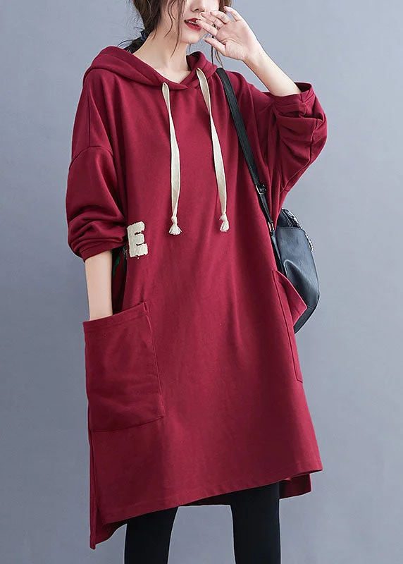 Women's Evening Outfit Graceful Drape French Red Hooded Graphic Cotton Sweatshirt dress Winter