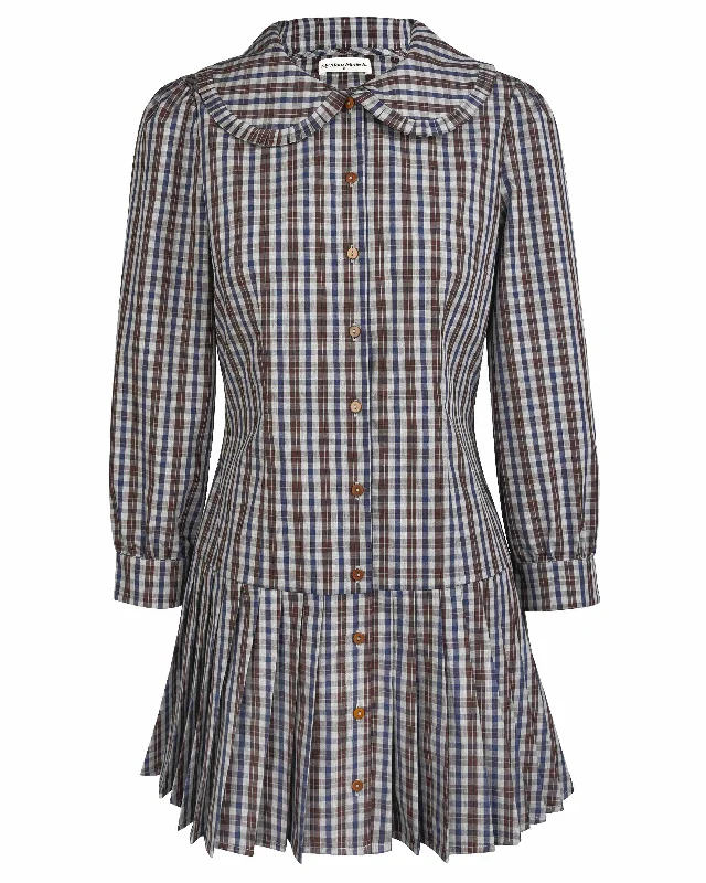 Women's Comfortable Lounge Attire Lightweight Fabric Pleat Shirt Dress - Dark Check