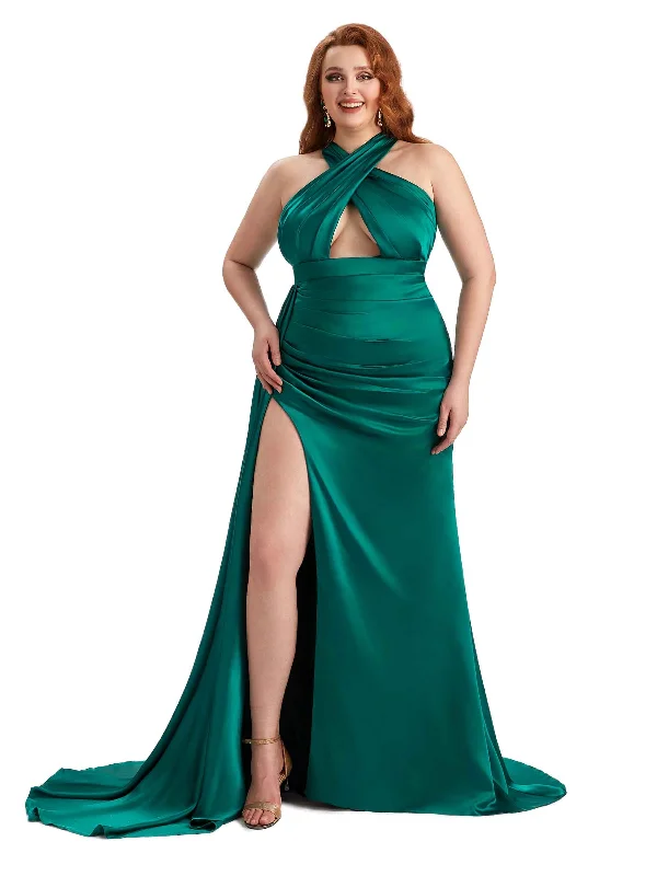 Women's Fashion Clothes Playful Elegance Plus Size Sexy Halter Side Slit Mermaid Soft Satin Long Bridesmaid Dress For Wedding