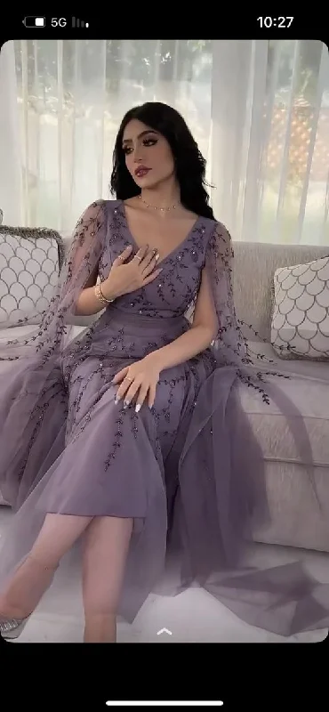 Women's Evening Wear Attire Hollywood Glam Award - Show Style Dream Evening Dress Elegant Purple Tulle Evening Dresses V-Neck Long Sleeve Dresses Y5028