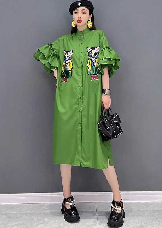 Women's Seasonal Garments Charming Silhouette Casual Green Stand Collar Cat Embroideried Shirt Dress Ruffles Sleeve