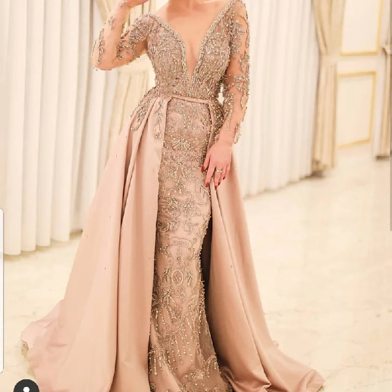 Tailored Clothing For Women Parisian Effortless Chic Style Champagne prom dresses,long sleeve beading sequins detachable train crystal beading evening dresses S23375