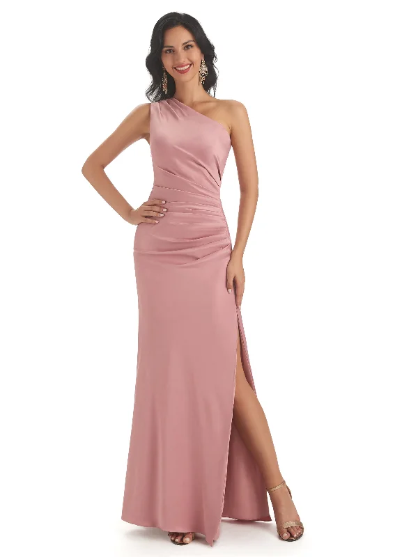 Women's Casual Apparel For Weekends Today Only Sexy Side Slit One Shoulder Satin Mermaid Maxi Bridesmaid Dresses Gown