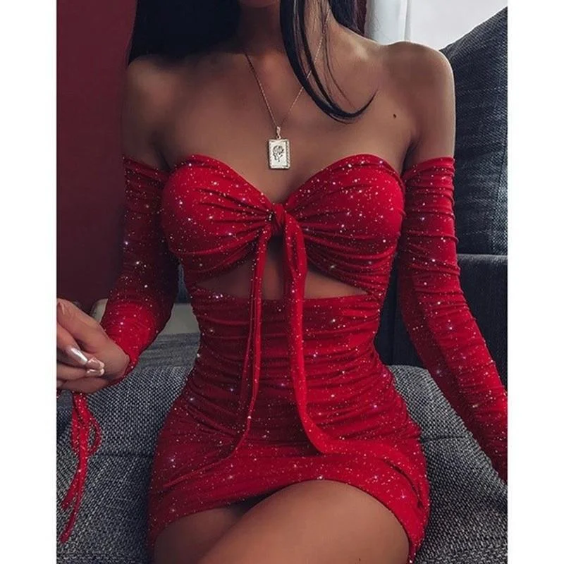 Fashionable Women's Clothes Modern Romance FashionSierra - Off Shoulder Glitter Dress Women Front Lace Up Hollow Out Ruchech Party Dress Stretchy Glittering Sexy Dresses Bodycon Vestidos