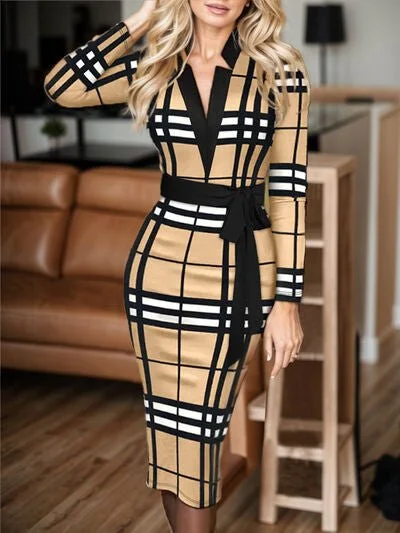 Women's Plus-Size Clothes Save on Classic Elegant Styles Plus Size Plaid V-Neck Long Sleeve Wrap Dress