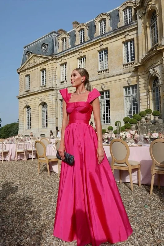 Women's Loungewear Clothes Bold Patterns Fancy A Line Straps Hot Pink Satin Long Prom Dresses Ruffles Evening Dress C2634