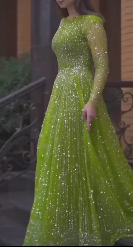 Women's Comfy Attire For Lounging Great Deals on Ethnic Cultural Wear Green Long Sleeves Sparkly Prom Dress,Green Winter Dance Dress Y6226