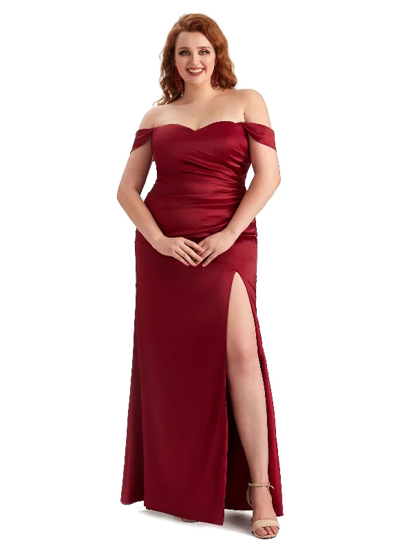 Women's Party Clothes Flowy Fabric Plus Size Sexy Off The Shoulder Side Slit Mermaid Soft Satin Long Bridesmaid Dresses