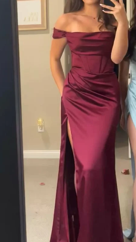 Women's High-Fashion Apparel Winter Warm - Up Sale Burgundy Satin Long Evening Dress Glam Prom Dress Formal Gown      cg25289