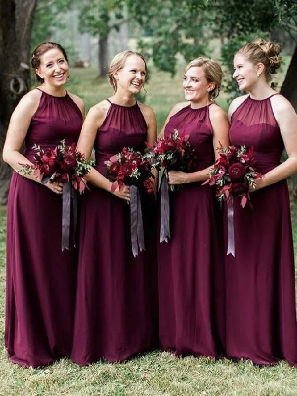 Women's Evening Garments Save on Inspired Styles Halter Neckline Deep Burgundy Chiffon Bridesmaid Dress