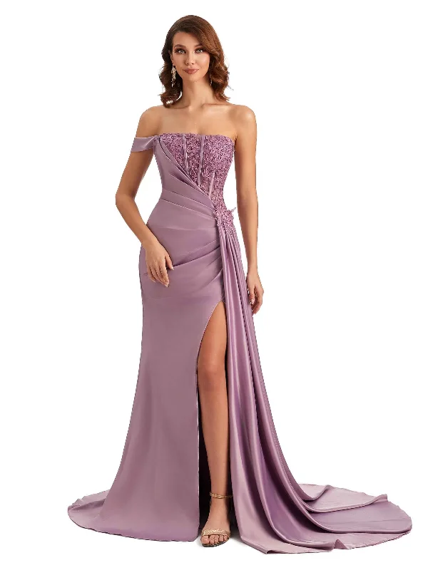 Timeless Women's Clothing Beat the Heat in Tropical Styles Sexy One Shoulder Lace Side Slit Mermaid Silky Satin Unique Long Bridesmaid Dresses For Wedding