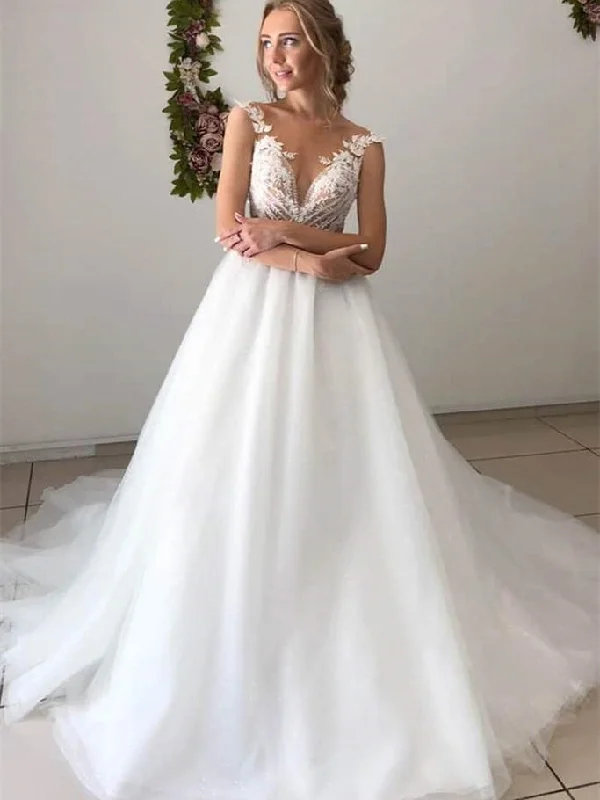 Women's Attire Discounts on Casual Weekend Styles Sleeveless Long A-line Light Ivory Tulle Lace Wedding Dresses, Bridal Gown, Long Bridal Gown