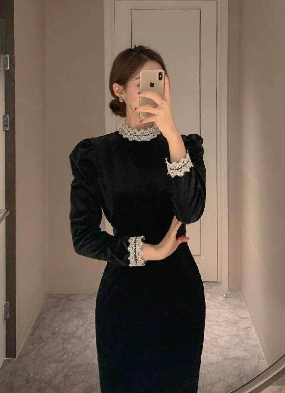 Casual Attire For Women Chic Allure Vintage Black Long Sleeves Evening Dress,Black Formal Dress Y5695