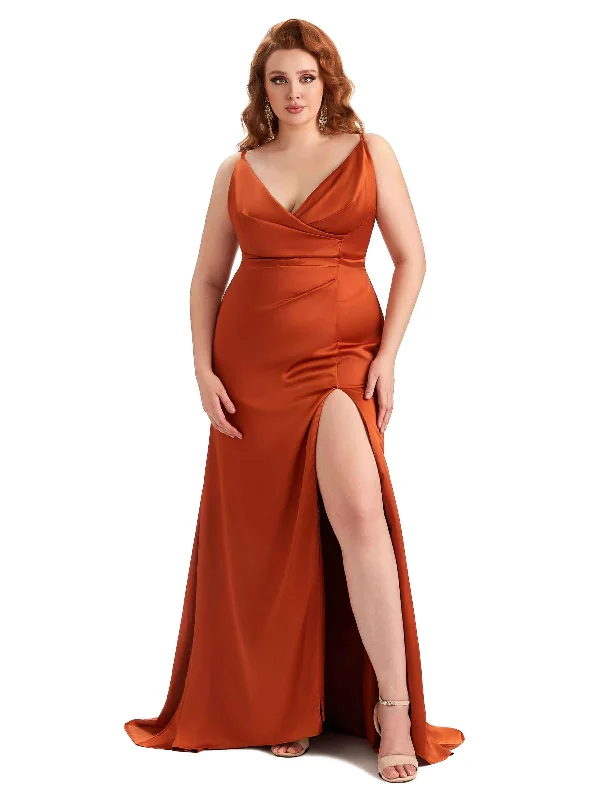 Women's Professional Apparel Save on Classic Elegant Styles Plus Size Sexy Side Slit Spaghetti Straps Mermaid Soft Satin Fashion Bridesmaid Dresses