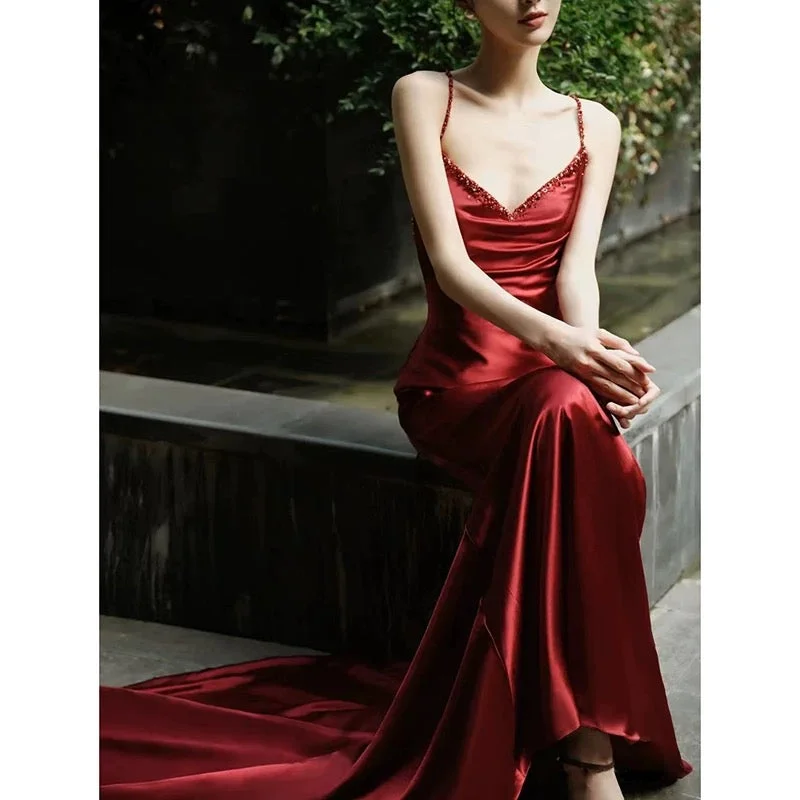 Women's Clothing For Outdoor Events Great Deals on Ethnic Cultural Wear Sexy Mermaid Spaghetti Straps Burgundy Satin Prom Dresses Evening Dress With Beads C3262